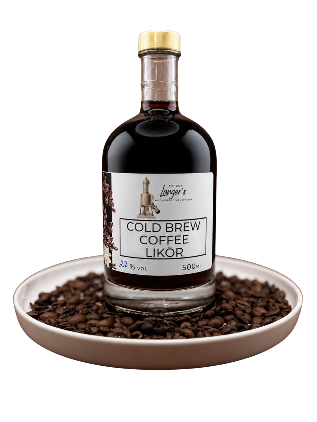 A 500 ml bottle of Langer’s Cold Brew Coffee Likör on a dish of roasted coffee beans