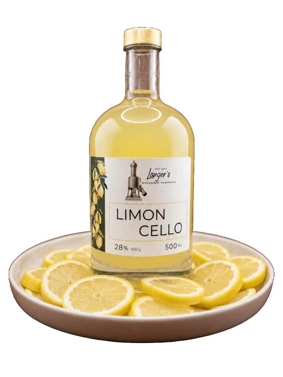 A 500 ml bottle of Langer’s Limoncello on a dish of fresh lemon slices